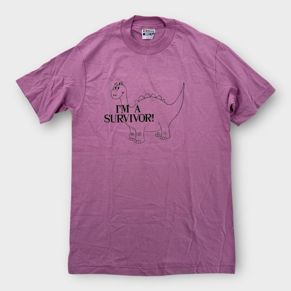 VTG Hanes Beefy-T Shirt Mens 38-40 Medium Pink Dinosaur Survivor 90s USA Cotton